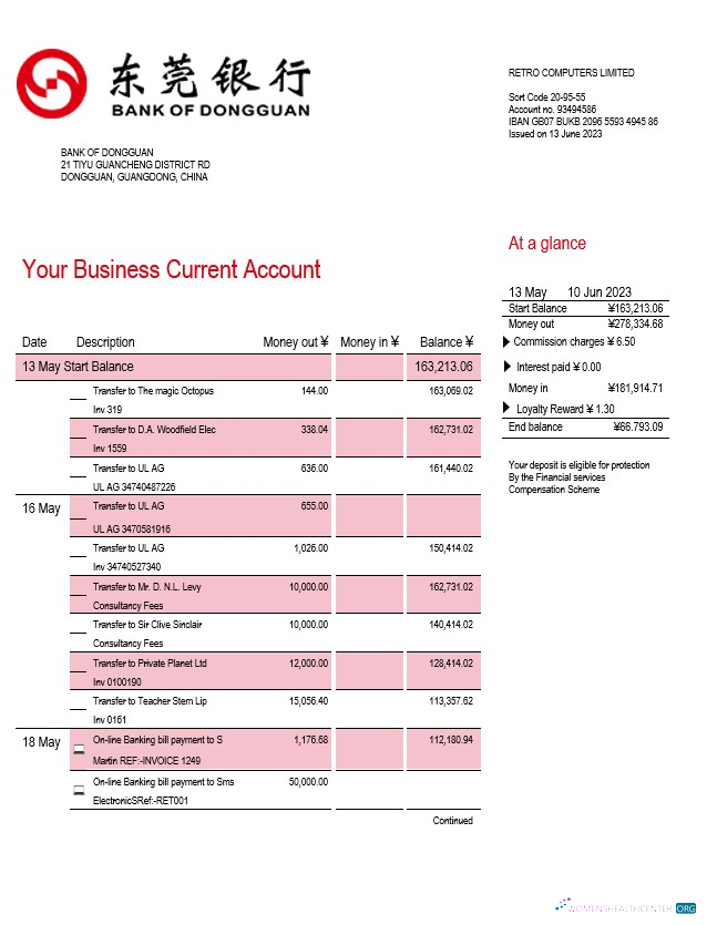 Download Bank of Dongguan organization account statement Word and PDF template Photoshop template